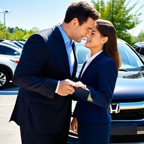 Home 15 A professional male sales associate in a sharp business suit, engaging in a friendly conversation with a female customer in modest professional attire, both standing beside a pristine, recent-model Honda CR-V on a bright, modern dealership lot. The customer is gently inspecting the vehicle's interior, implying a detailed pre-purchase evaluation. Sunlight illuminates the scene, highlighting the car's polished exterior. Realistic, professional photography, high detail, perfect anatomy, correct proportions, natural pose, well-formed hands, proper finger count, natural body proportions, safe for work, appropriate content, fully clothed, professional dress, modest clothing.
