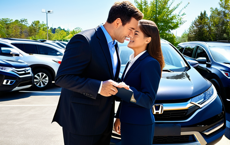 A professional male sales associate in a sharp business suit, engaging in a friendly conversation with a female customer in modest professional attire, both standing beside a pristine, recent-model Honda CR-V on a bright, modern dealership lot. The customer is gently inspecting the vehicle's interior, implying a detailed pre-purchase evaluation. Sunlight illuminates the scene, highlighting the car's polished exterior. Realistic, professional photography, high detail, perfect anatomy, correct proportions, natural pose, well-formed hands, proper finger count, natural body proportions, safe for work, appropriate content, fully clothed, professional dress, modest clothing.