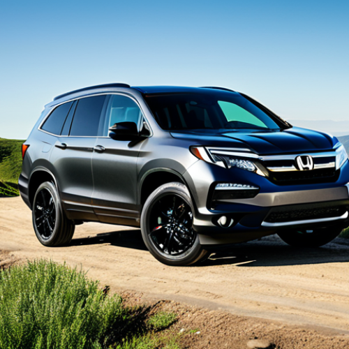 Home 14 A Honda Pilot TrailSport, showcasing its rugged design, parked on a scenic mountain trail overlooking a valley. The car is dark gray, featuring blacked-out trim and distinctive TrailSport wheels. The surrounding landscape is lush green with visible dirt trails. The sky is clear and blue. safe for work, appropriate content, fully clothed, professional photography, perfect anatomy, natural proportions, family-friendly.