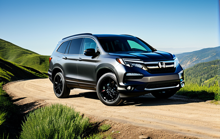 A Honda Pilot TrailSport, showcasing its rugged design, parked on a scenic mountain trail overlooking a valley. The car is dark gray, featuring blacked-out trim and distinctive TrailSport wheels. The surrounding landscape is lush green with visible dirt trails. The sky is clear and blue. safe for work, appropriate content, fully clothed, professional photography, perfect anatomy, natural proportions, family-friendly.