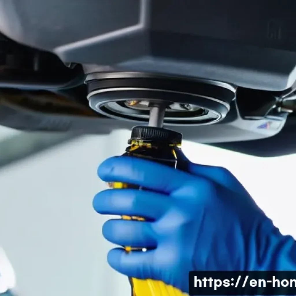 혼다 오디세이의 소모품 관리 - A detailed close-up of a car engine bay focusing on a technician’s hands wearing blue gloves pouring...