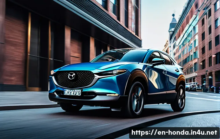 혼다 HR V와 마쓰다 CX 30 비교 - A dynamic urban scene showcasing a Mazda CX-30 turbocharged