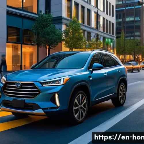 Home 31 혼다 파일럿의 최신 안전 기술 - A modern urban street scene at dusk featuring a sleek SUV equipped with advanced collision mitigatio...