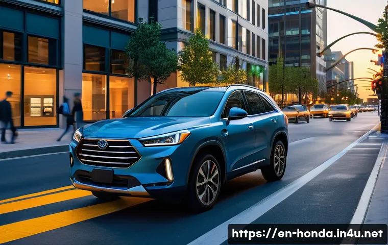혼다 파일럿의 최신 안전 기술 - A modern urban street scene at dusk featuring a sleek SUV equipped with advanced collision mitigatio...