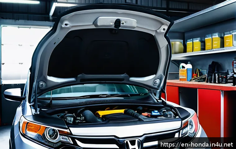 혼다 CR V의 유지보수 비용 - A professional auto mechanic in a modern garage performing an engine oil and filter change on a silv...