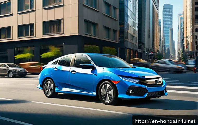 혼다 시빅 하이브리드의 연비 테스트 - A sleek Honda Civic Hybrid navigating through congested urban stop-and-go traffic during daytime, wi...
