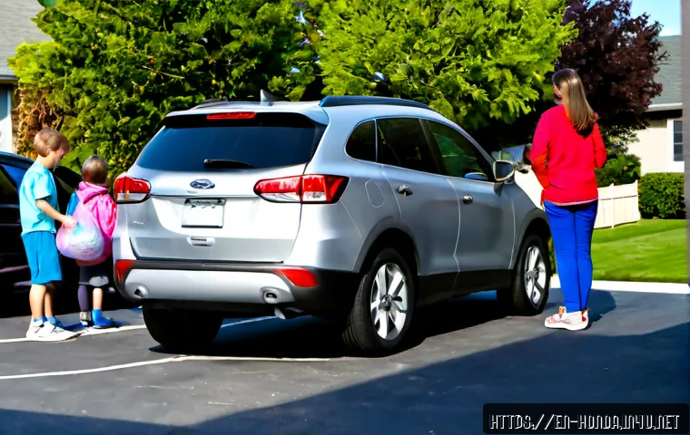 혼다 CR V의 패밀리카 장점 - Photorealistic family lifestyle scene, a modern silver compact crossover SUV with no visible badges ...