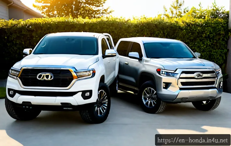 Home 17 혼다 리지라인과 포드 레인저 비교 - Photorealistic side-by-side comparison of two modern midsize pickup trucks, one refined unibody-styl...